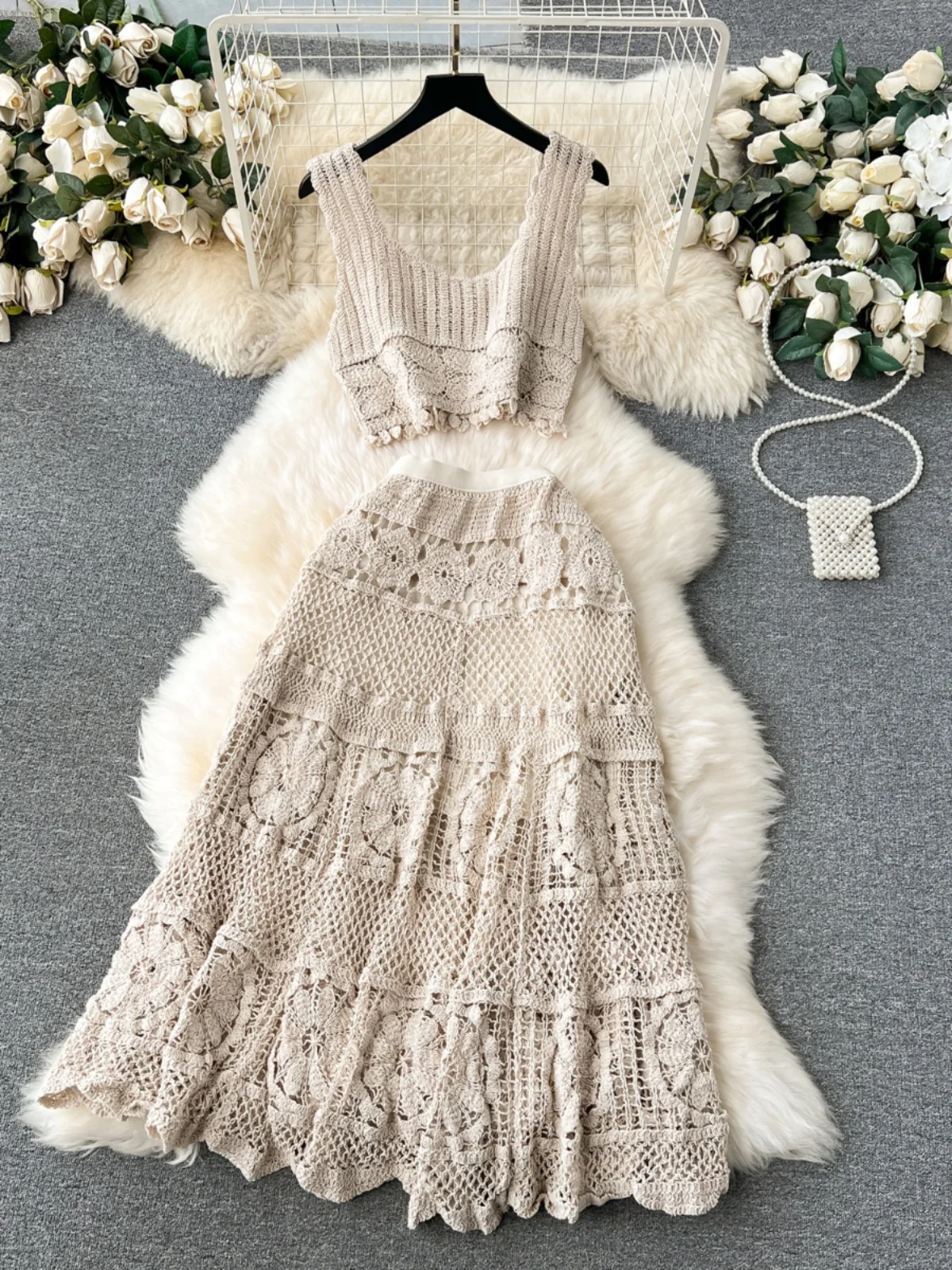 

Retro n Knitted Set Women's Lace Svel Vest High Waist Me Hook Flower Mid-Length f Skirt Faion Set