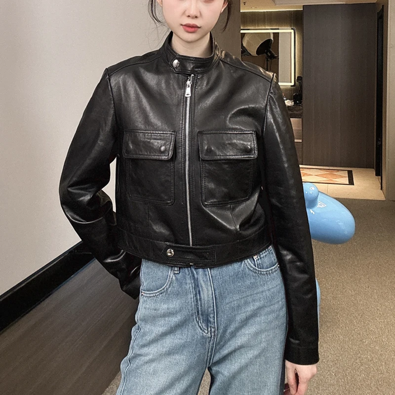 Mode col montant femmes a-livre en peau de mouton Moto vestes manteau rétro huile cire cuir coupe ajustée femme en cuir véritable veste hauts