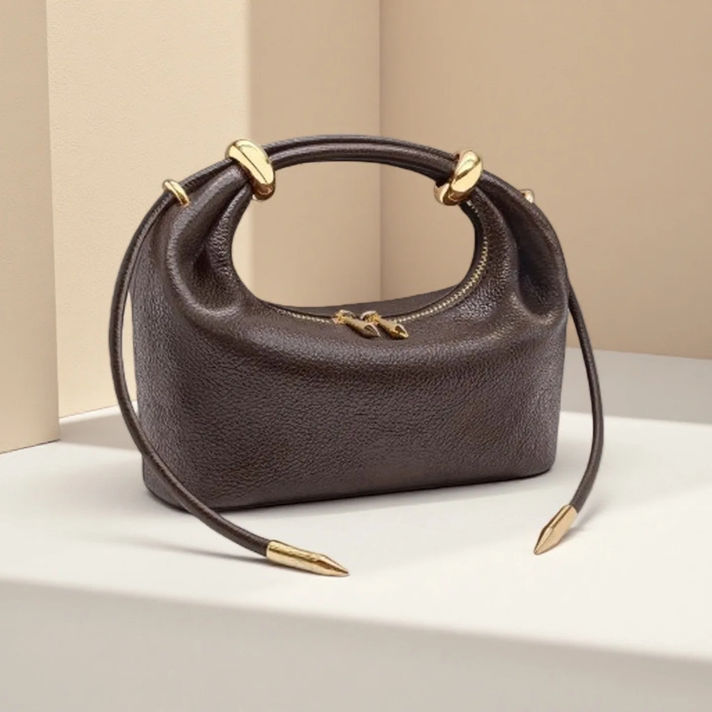 

New Women's Simple Underarm Bucket Handbag Asymmetric Metal Handheld Bag Fashionable Versatile Commuting Handbag PU Leather