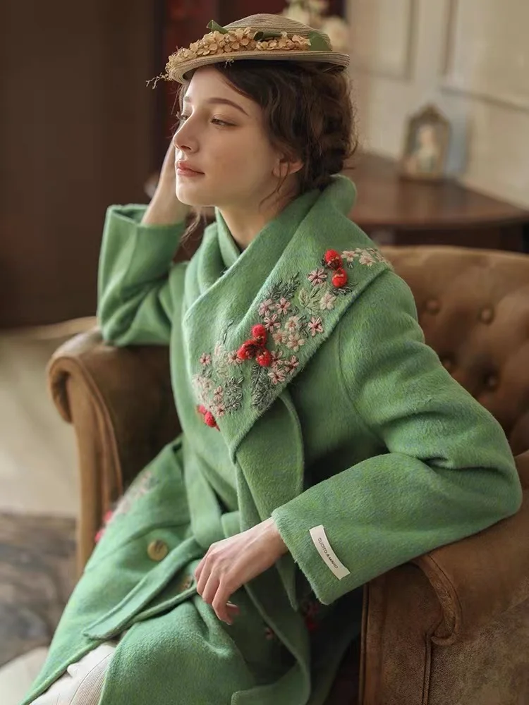 LYNETTE\'S CHINOISERIE Autumn Winter Women Mori Girls Vintage Embroidered Elegant Long Green Woolen Overcoats