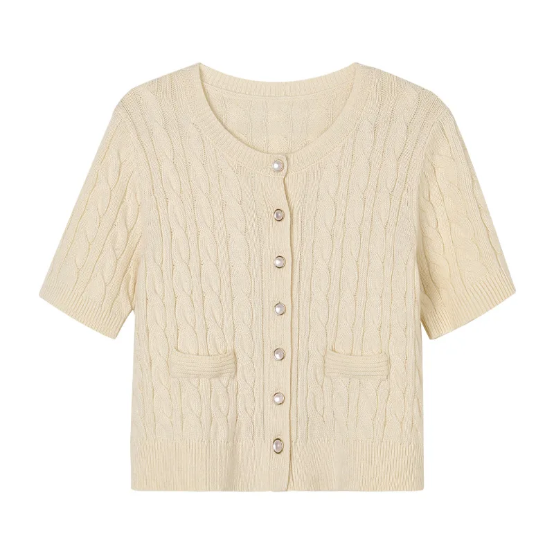 Cropped Short Sleeve 100% Wool Cable Cardigan Sweater Women