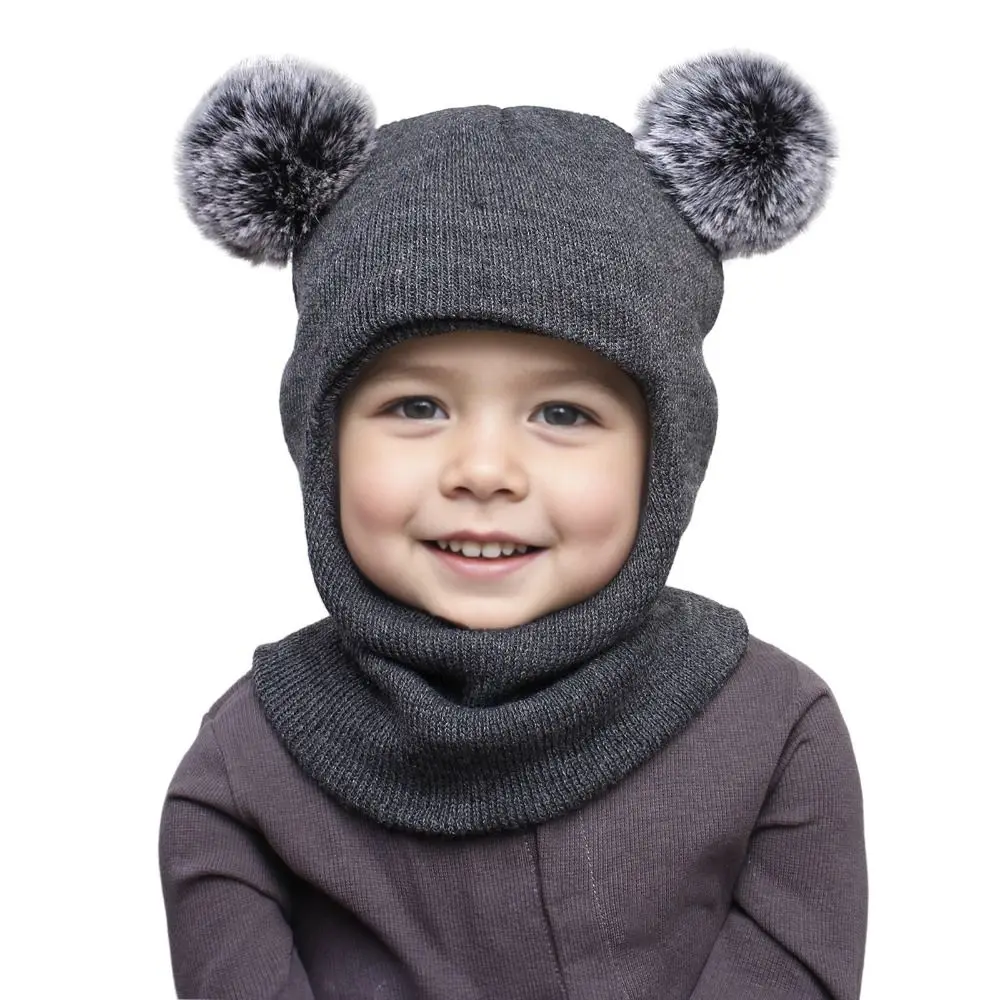 New Cute Balaclava Hats Children Double Balls One-piece Hat Scarf Boys Girls Autumn Winter Pompom Ball Wool Cap