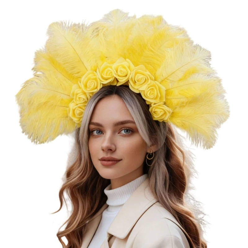  Multiuse Feathered Hairband For Stage Performances Colorful Rose Flower Hairhoop For Theme Party And Carnivals Parades