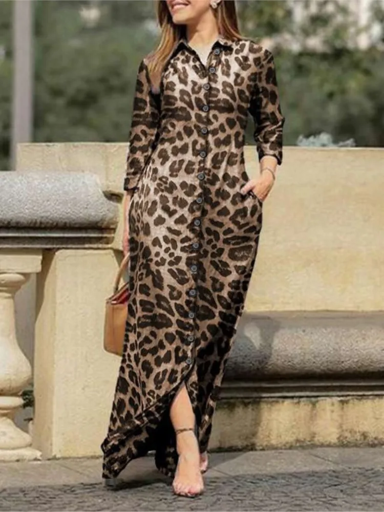 Primavera autunno stampa leopardo abiti lunghi per le donne monopetto bottone risvolto manica lunga Casual vacanza camicia vestito abiti