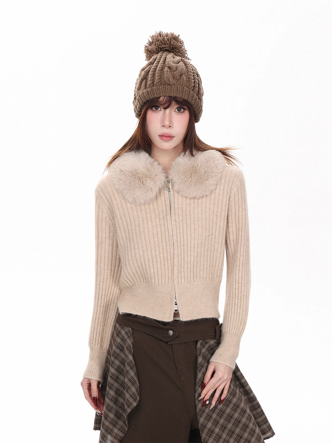 

Корейский женский вязаный свитер-пальто с двойной молнией, приталенный, с меховым воротником, универсальный повседневный удлиненный топ для всех сезонов