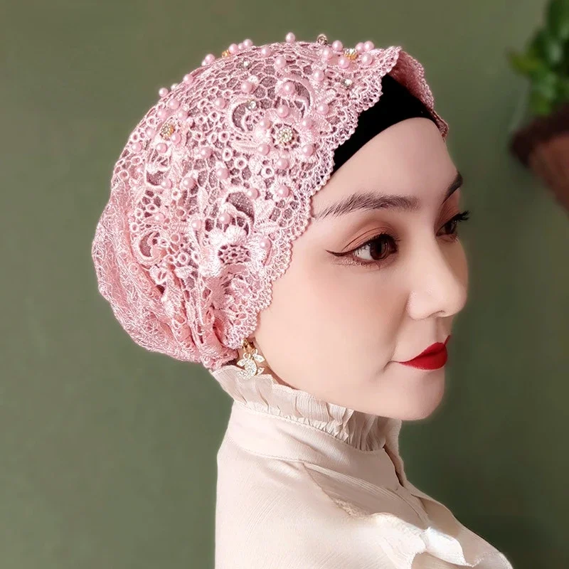 Beading Muslim Turban Caps Lace Headcover Islamic Wrap Head Turbante Summer Bonnets For Women Embroidery Flower Hijab Church Hat