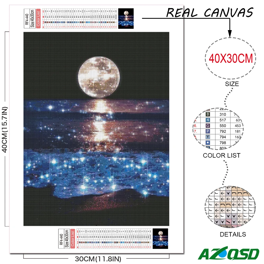 AZQSD Diamond Embroidery Moon Seaside Night Mosaic Rhinestones Diamond Painting Landscape Cross Stitch Handicraft Home Decor