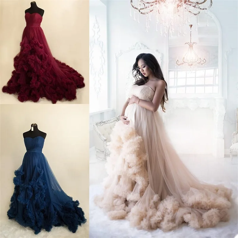 

Sexy Strapless Maternity Dresses for Photo Shoot Robe Puffy Mesh Kimono Pregnant Sleeveless Custom Made Prom Dress