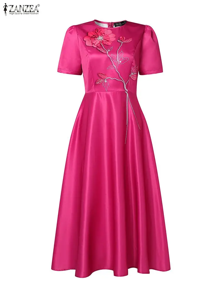 ZANZEA エレガントな女性パーティーミディドレス視覚的に 3D 花柄プリント A ラインドレス半袖フィットウエスト結婚式のゲストの服