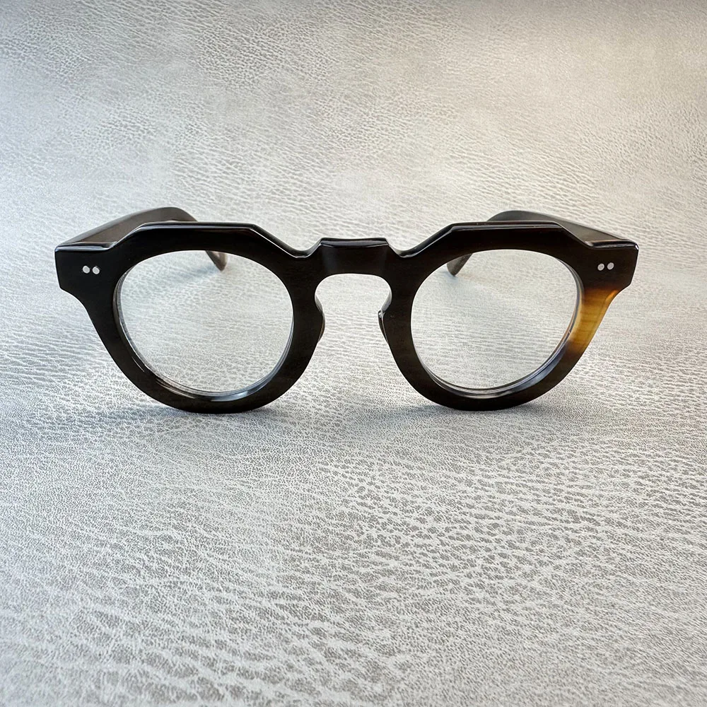 

Eyeglass Frames Retro Handmade Brown Stripes Horn Prescription Myopia Man Glasses Frames Vintage Rivets Unique Lenses Eyeglasses
