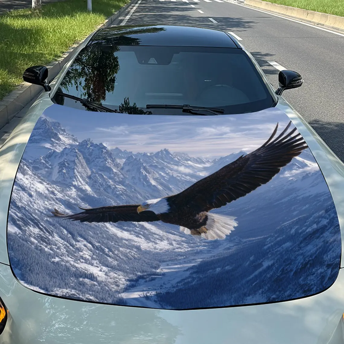 Автомобильные наклейки «Орел в горном небе», с изображением орла, замачивающимися снежными горами и прозрачным небом, исключением бесплатно.