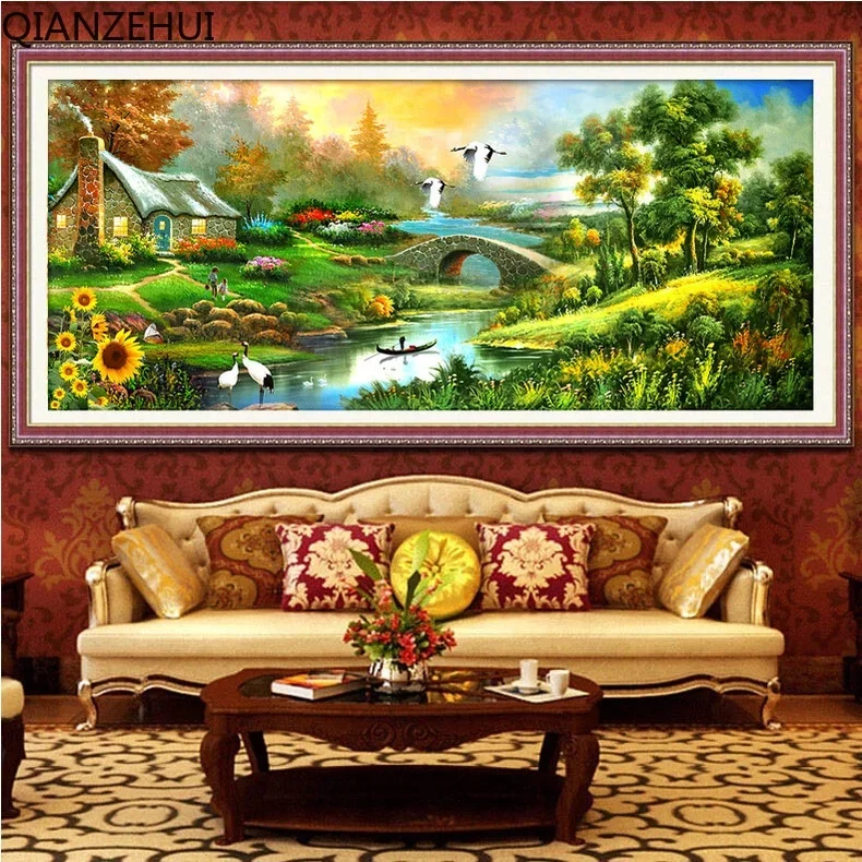 DIY full Diamond Embroidery,Round Diamond Lake Cottage Fortune Flowing Water Living room decoration rhinestone Diamond painting