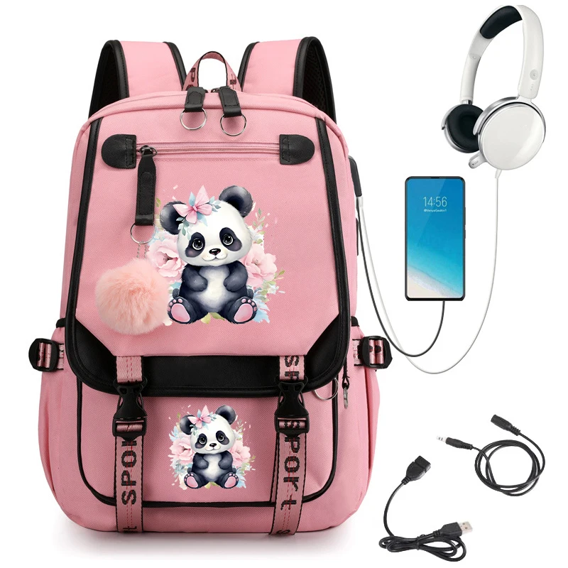 Floral Panda Imprimir Mochila Escolar, Saco dos desenhos animados para meninas adolescentes, Anime Estudantes, USB Bookbag, Animais Manga Bagpacks