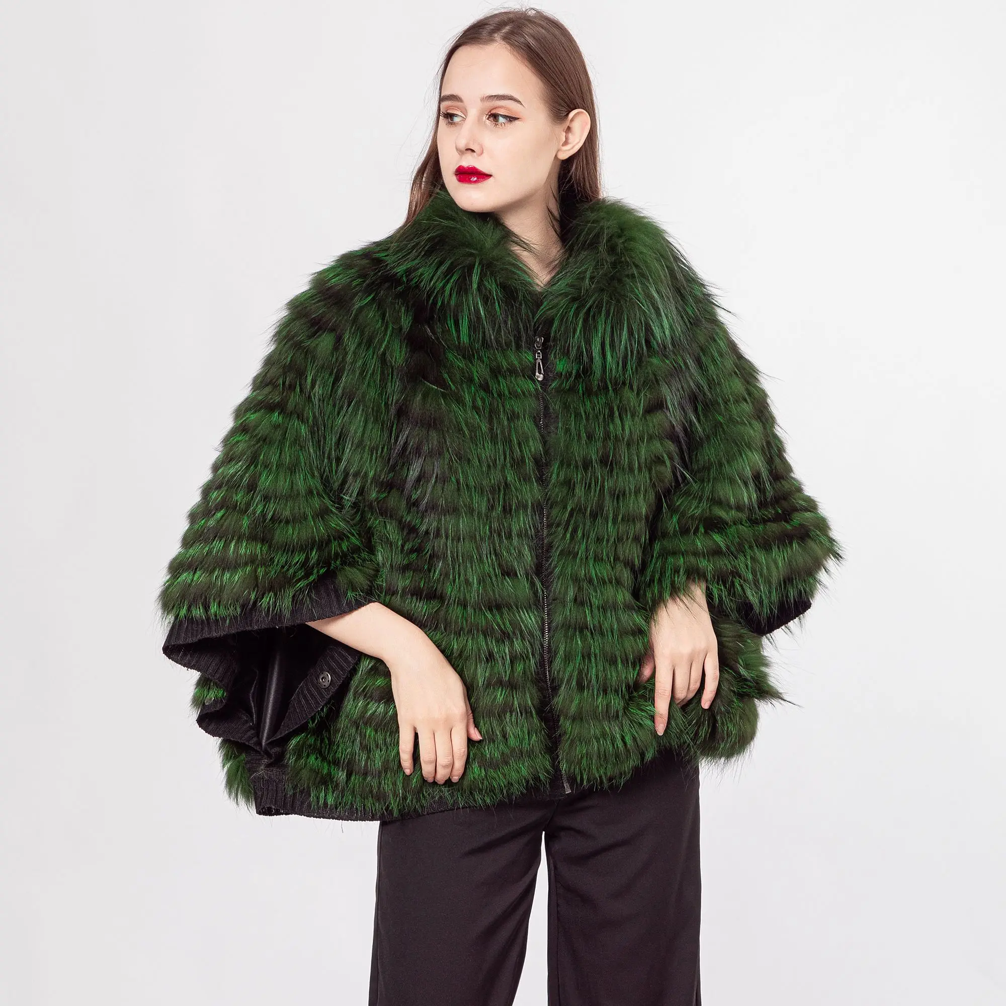 Silver Fox Fur Stripe Coat with Large Cuff, Real Genuine, 210727