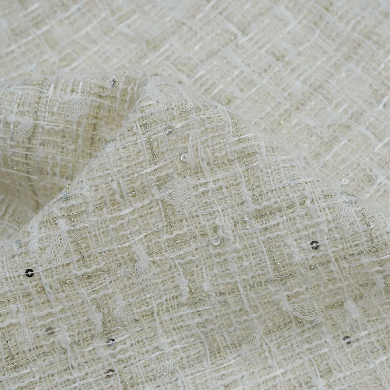 Ivory Mesh Butterfly Yarn Tweed Fabric Gold Metallic Thread Sequin Woven Textured for Suit Dress Coat DIY Designer Cloth Sewing