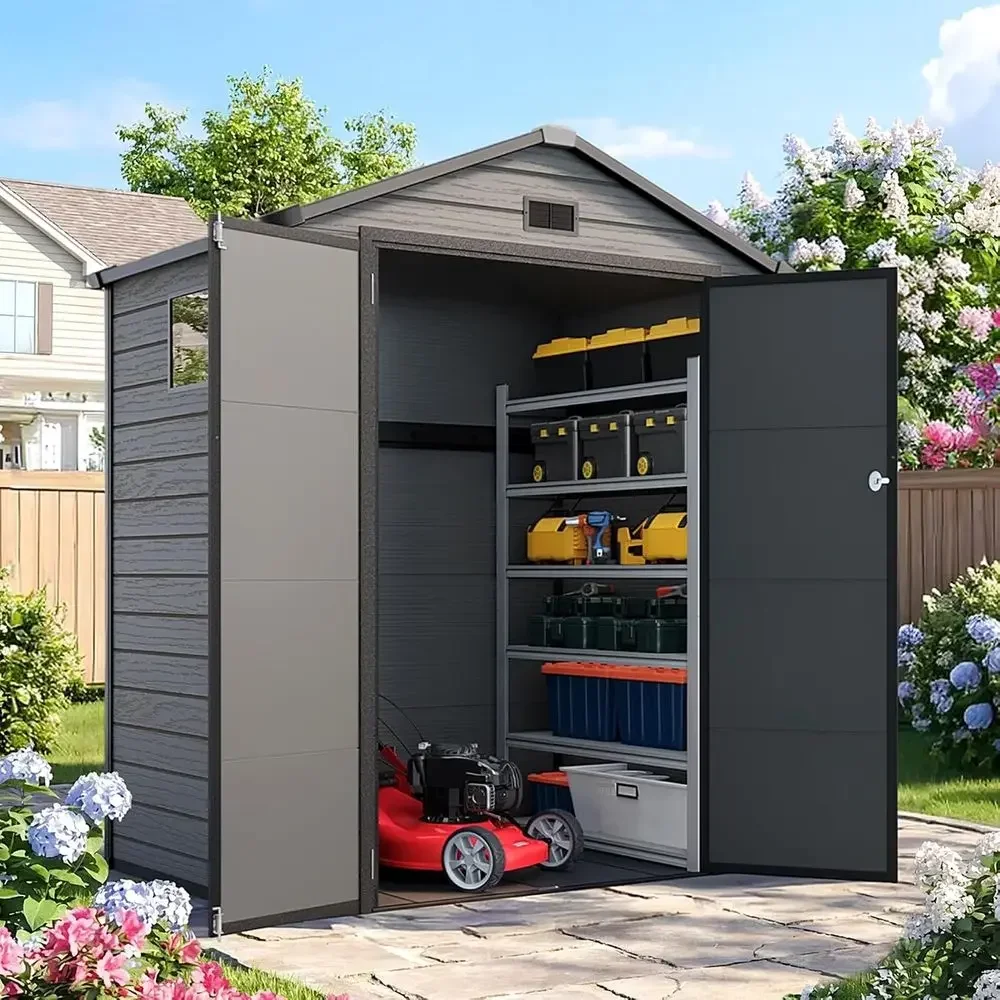 6x4 ft Resin Outdoor Storage Shed with Floor, Lockable Door, Windows, and Vents for Patio Furniture, Garden Tools, and Lawn Equi