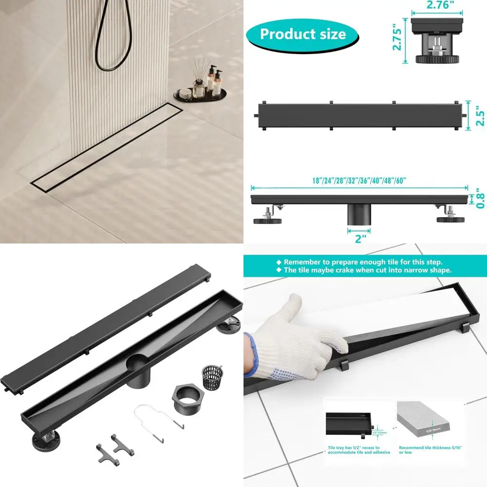 

Matte Black Linear Shower Drain with Flat & Tile Insert Cover, Stainless Steel Rectangle Shower Floor, 28-inch Long, 2-in-1 Func