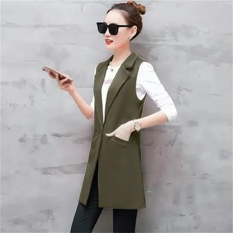 2024 Vest Women Sleeveless Jacket Coat Long Vest Blazer Formal Work Ladies Office Vintage Slim Suit Waistcoat Female Oversize