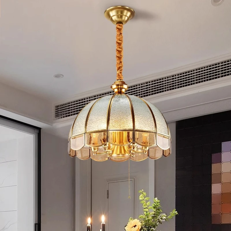 

American Luxury Pendant Lights All Copper Glass LED Ceiling Chandelier Parlor Villa Study Room Bedroom Restaurant Adorn Hanglamp