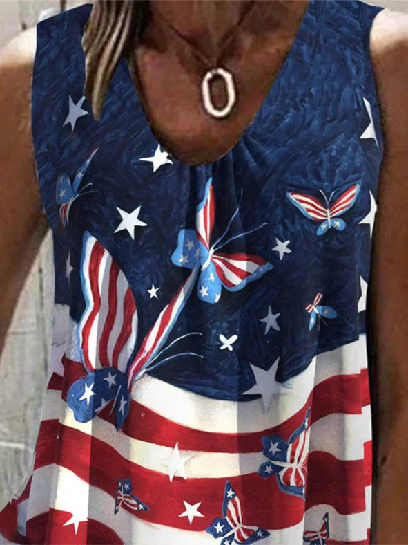 Top sin mangas con cuello en V y estampado de bandera nacional para mujer, talla grande