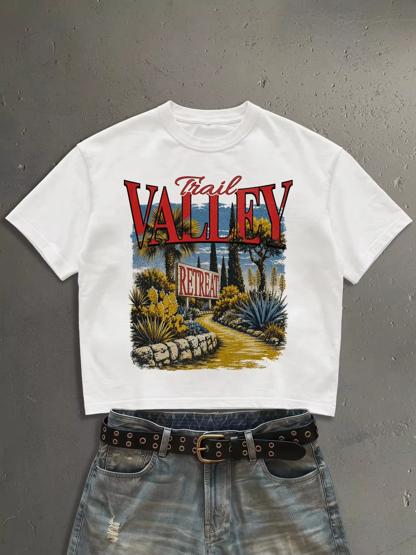 2026 New Family Matching Unisex Oversized T-Shirt Retro Desert Valley Cactus Landscape Trail Text Chest Print Streetwear Tops