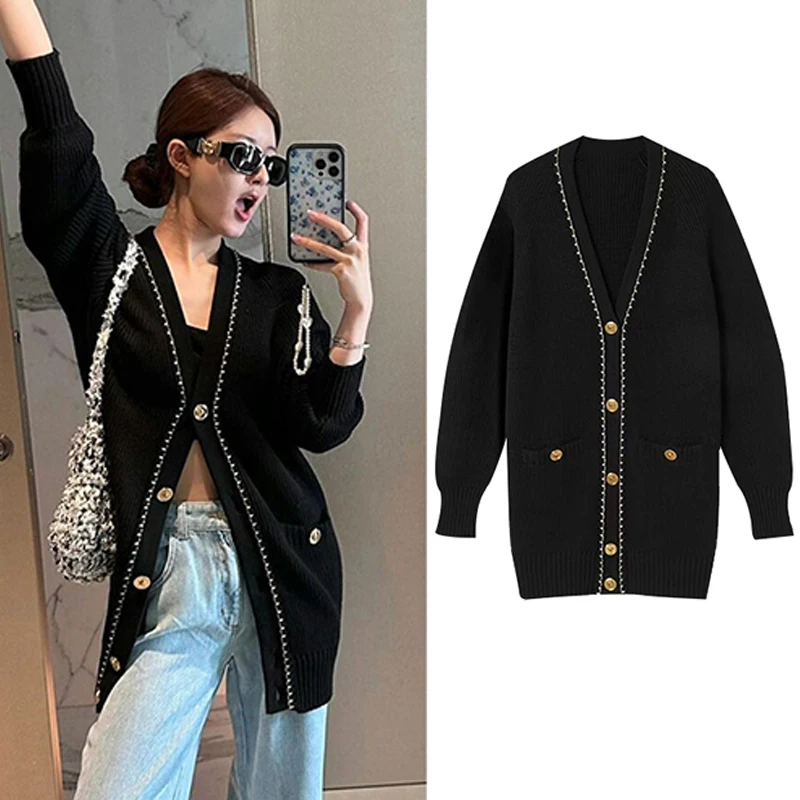 Black Knitted Cardigan Long Style Loose Coat Women Casual Clothing Kpop Outfits Y2k Wear Idol Clothes Fashion Street Wear JL5887