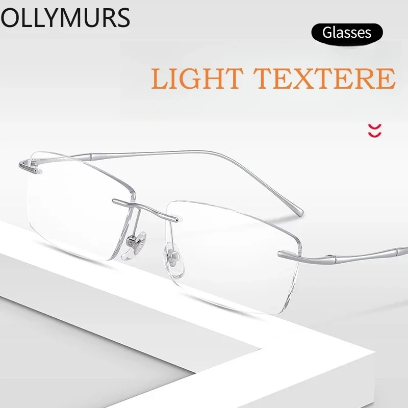 ollymurs-ファッションビジネス超軽量純チタン眼鏡女性レトロスクエア光学処方リムレスメガネフレーム男性