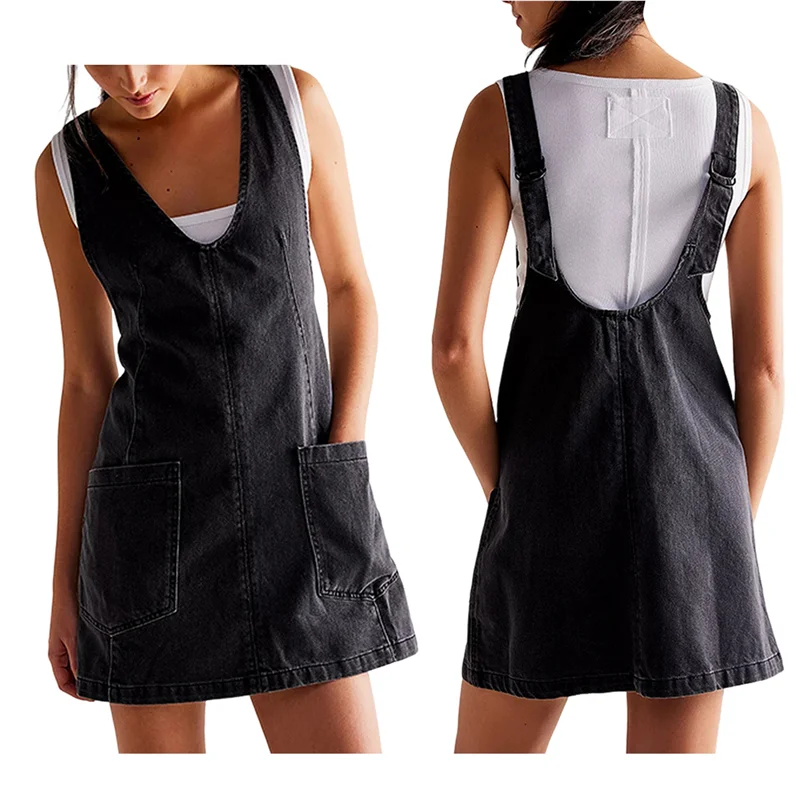 ABRT-femmes Denim salopette Mini robe bretelles réglables haut rouleau jupe décontracté Jean barboteuse robe