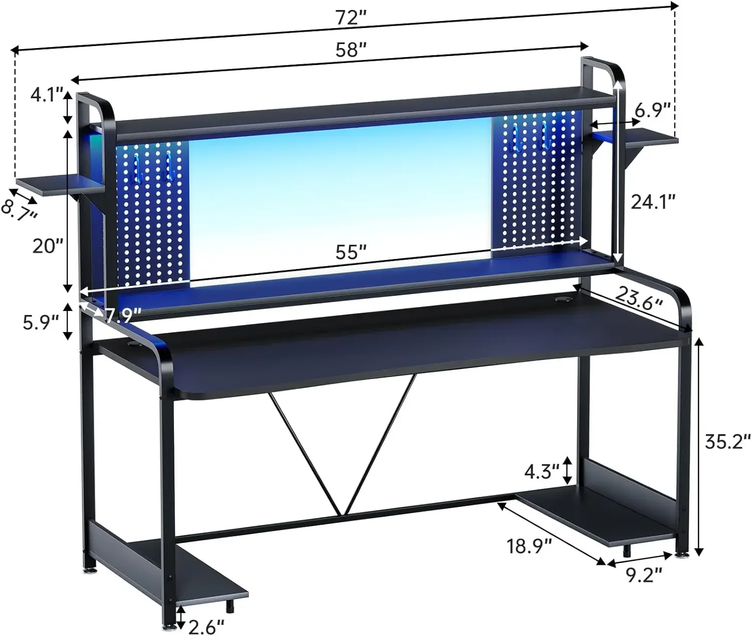 Gaming Desk,  Computer Desk with Hutch and Shelves, Gaming Desk with  Lights, Pegboard  Monitor Shelf