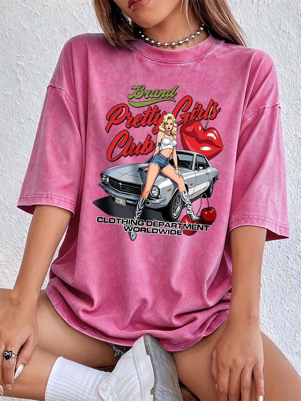 Pretty Girls Club Prints Washed T-Shirts Womens Cotton Oversized Tees Summer Comfortable Short Sleeve Tops Casual O-Neck Clothes