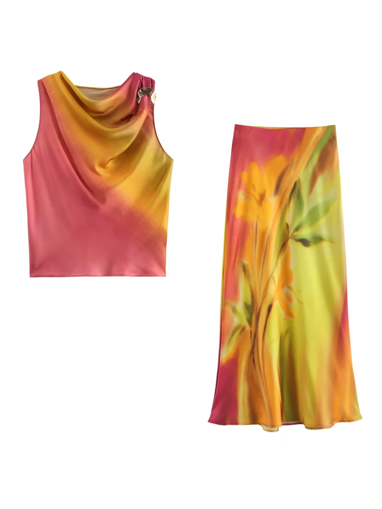 KAOPU ZA Women tie-dye printed satin top or high elastic waist midi skirt two pieces sets mujer