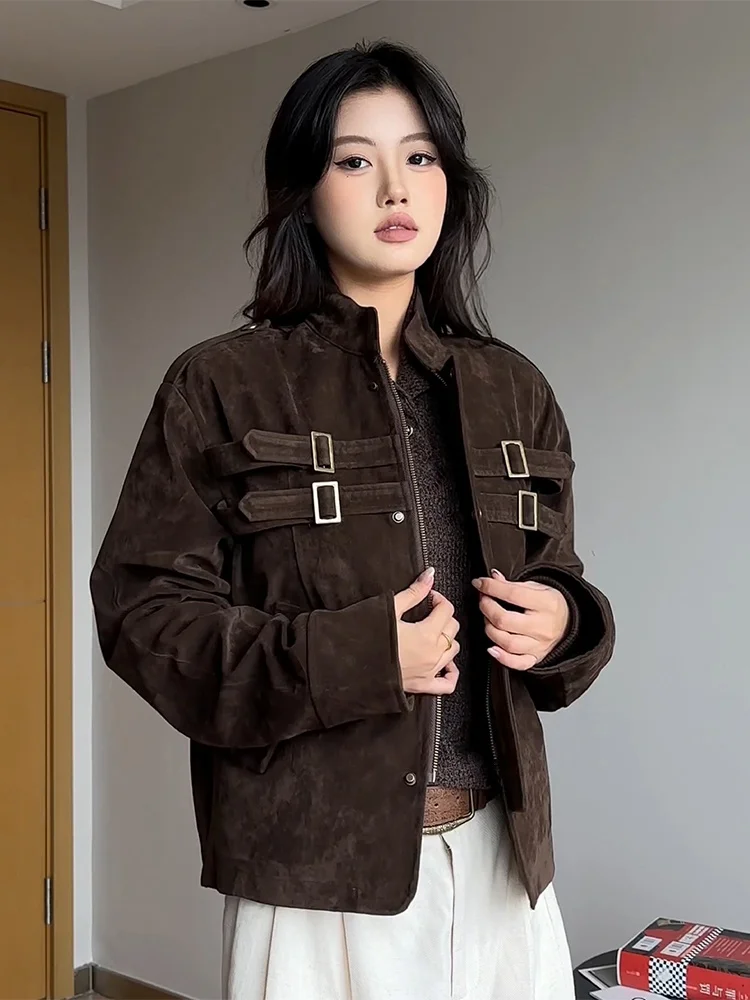 

Винтажная замшевая куртка для мужчин, осенняя, модная, высококачественная рабочая одежда, на молнии, не требующая глажки, приталенный крой, однотонная