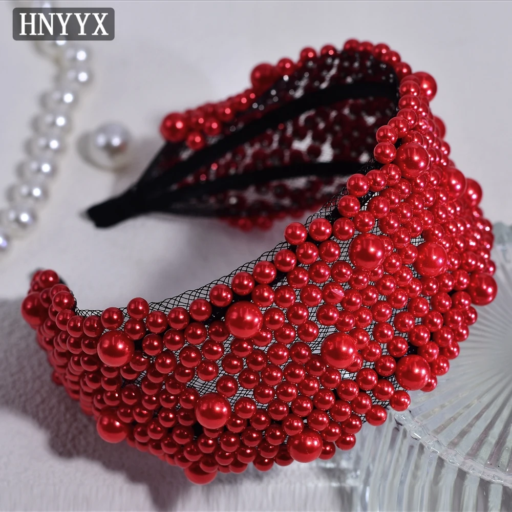 

HNYYX Full Pearl Filled Headband For Women Round Beaded Retro Luxury Shiny Bridal Tiara Wide Head Piece Hair Accessory A153-Red