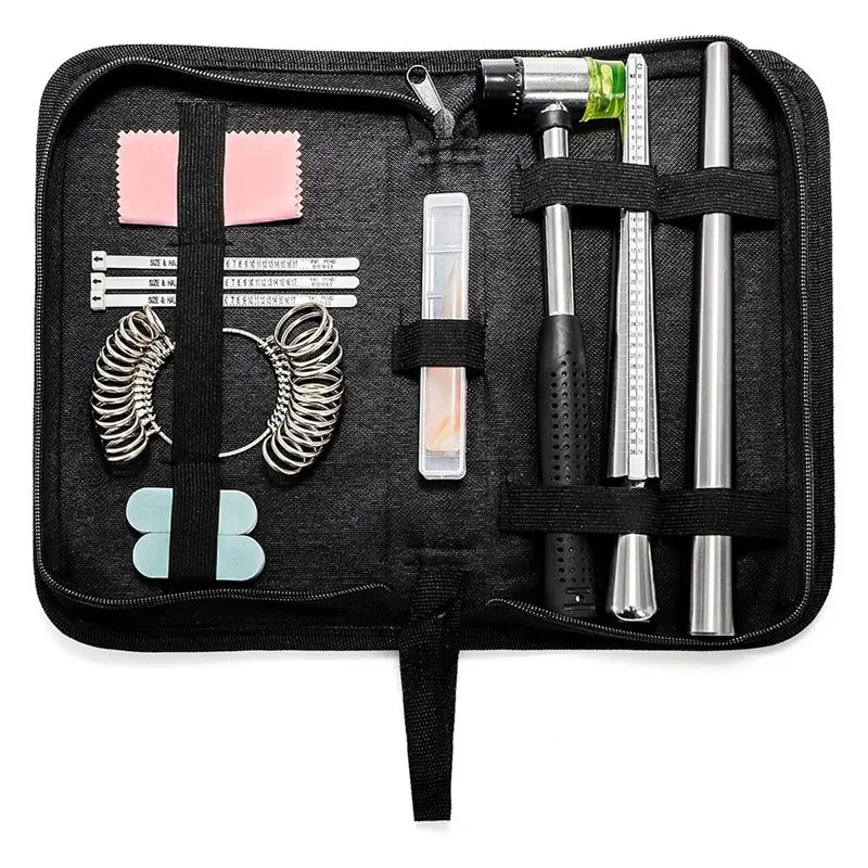 

Набор инструментов для изготовления и ремонта ювелирных изделий A84X: измеритель размера кольца, резиновый молоток, полировочная салфетка/полировальный брусок/нож для агата, с сумкой.