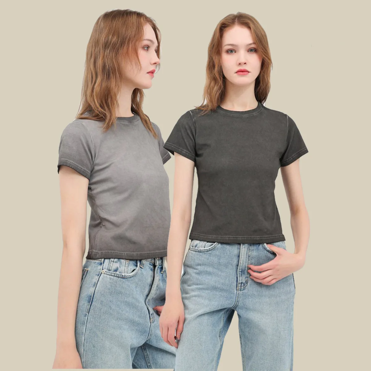 240G Retro Style Gradual Change Two-color Old Short-sleeved Slim-fitting Spice Girls T-shirt Summer Women's Thin Top