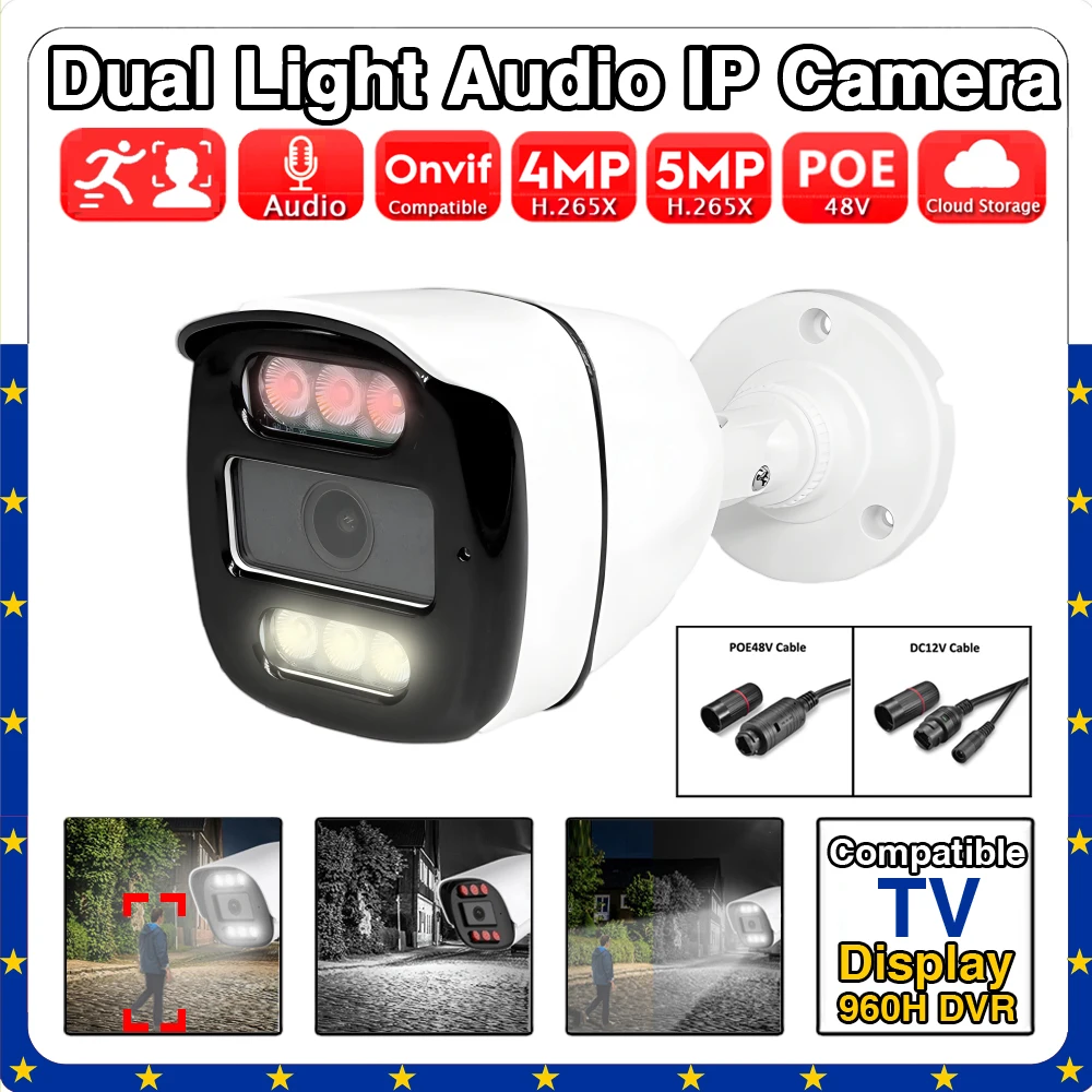 

AI Smart IP POE Camera 5MP 4MP Night Vision Full Color Dual Light Mode White LED Outdoor Waterproof ONVIF Xmeye Face Detection