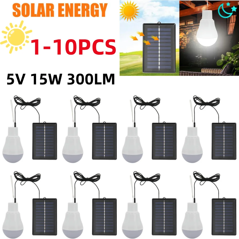 1-10Pcs 5V 15W 300LM Solar Lighting Bulb Saving Outdoor Lamp Power Solar Panel USB Rechargable Lights Low Consumption LED Bulb