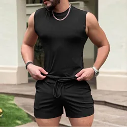 Men Tank Top Shorts Set Solid Black Sleeveless Shirts Gym Bottoms Male Tracksuit