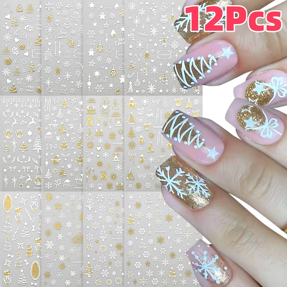 12 Stück 3D Winter Weihnachten Nagelaufkleber Gold Glitzer Schneeflocken Weihnachtsbaum Elch Weihnachtsmann Nagelaufkleber DIY Frohe Maniküre Aufkleber