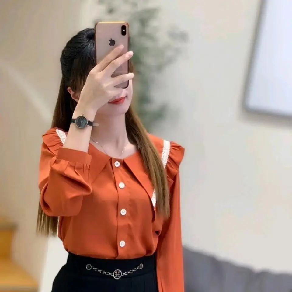 Fashionable Age Reducing Doll Collar Ruffle Edge Shirt for Women Korean Version Versatile Solid Color Long Sleeved Top