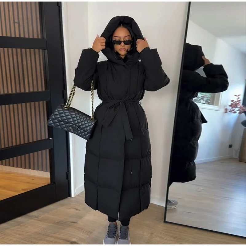 Elegant Long Belted Waist Tie Hooded Puffer Coat Quilted Thick Maxi 2026 Winter Daily Travel Outdoor Outerwear Casual Overcoat