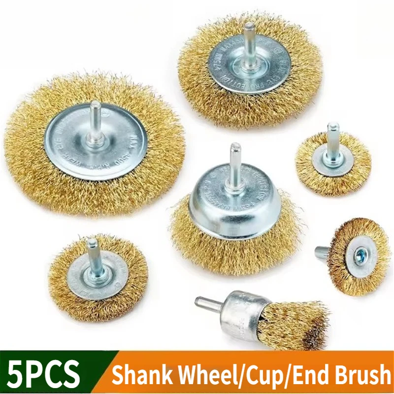 

3/5Pcs Shank Brass Plated Carbon Steel Wire Cup/Wheel/End Brush Drill Rotary Tools Metal Rust Removal Polishing Clean