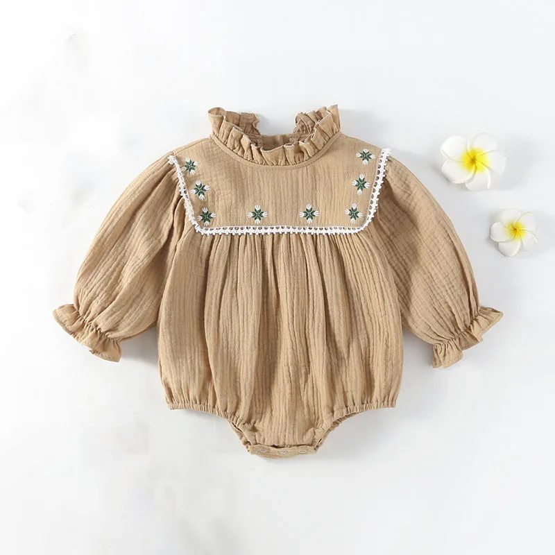 MILANCEL New Autumn Baby Clothes Ruffled Collar Bodysuit for Infant Girl\'s Small Floral Embroidery Puff Sleeve One Piece 0-2 Y