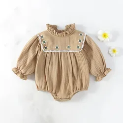 MILANCEL New Autumn Baby Clothes Ruffled Collar Bodysuit for Infant Girl's Small Floral Embroidery Puff Sleeve One Piece 0-2 Y