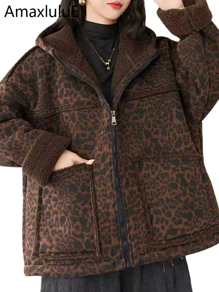 

Amax LuluE корейские пальто с леопардовым мехом и капюшоном женские свободные повседневные теплые куртки в стиле панк женские классические винтажные модные утепленные верхняя одежда
