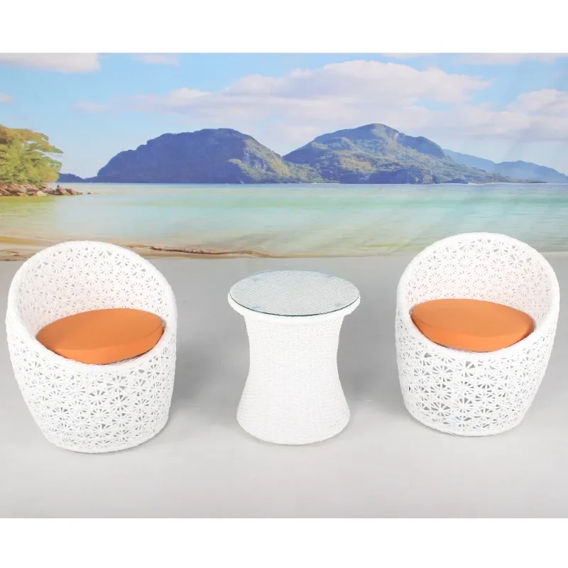

Outdoor 3 Pieces Bistro Set Patio Hotel Balcony White PE Rattan Chair Set Furniture