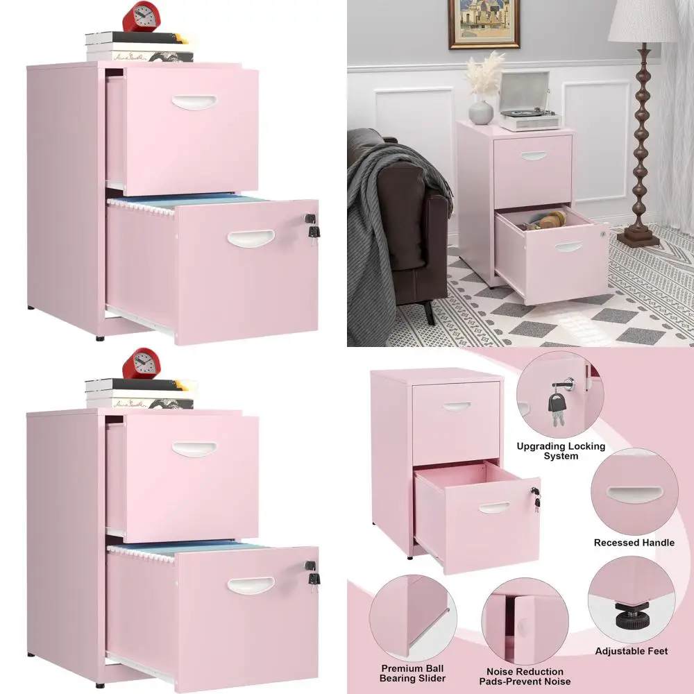 

Pink Metal Vertical 2-Drawer File Cabinet with Lock, 18 Depth for Home Office, Assembles Required