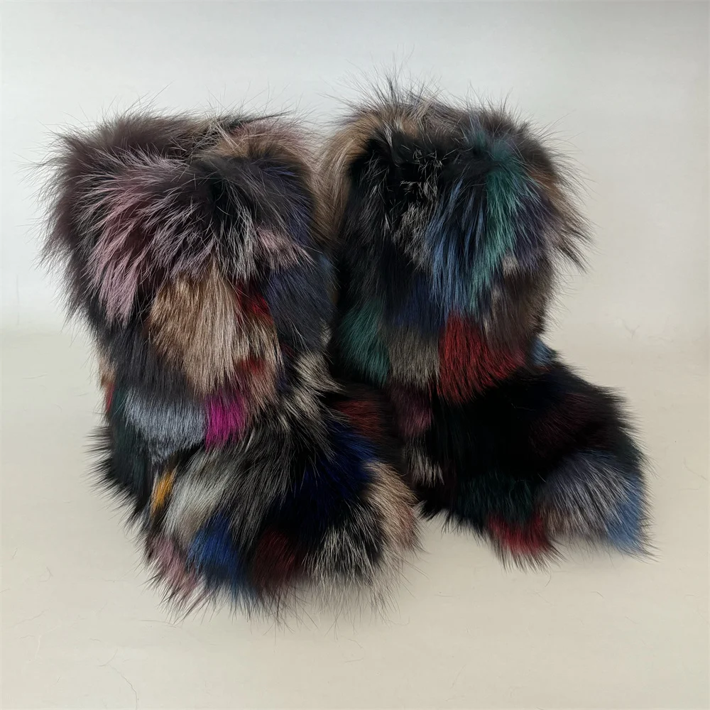 

27cm Winter Shoe Women's Winter Fluffy Fox Fur Boots Woman Plush Warm Snow Boots Luxury Footwear Girls' Furry Fur Bottes