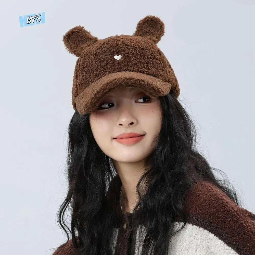 

Retro Embroidery Rabbit Ears Hat Warm Korean Style Plush Baseball Cap Heart Cute Lamb Fleece Cap Men