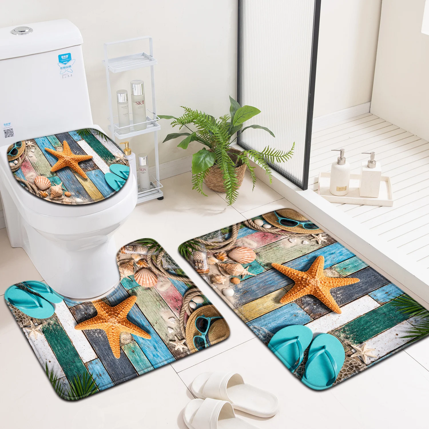 

3pcs Bathroom Three-Piece Set Floor Mat, Colorful Shell Slippers, Home Decor Entrance Mat, Toilet Seat Cover Set, Household Bath